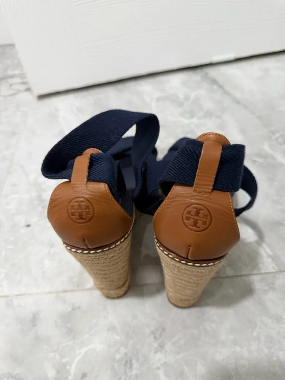Tory Burch Navy Elastic Espadrille Wedge Size 9.5